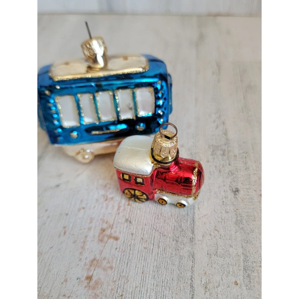 Poland train caboose front cart set vintage glass ornament Xmas glitter